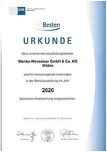 Eine Urkunde der Industrie- und Handelskammer für herausragende Leistungen in der Berufsausbildung im Jahr 2020