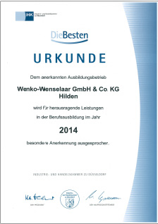 Eine Urkunde der Industrie- und Handelskammer für herausragende Leistungen in der Berufsausbildung im Jahr 2014